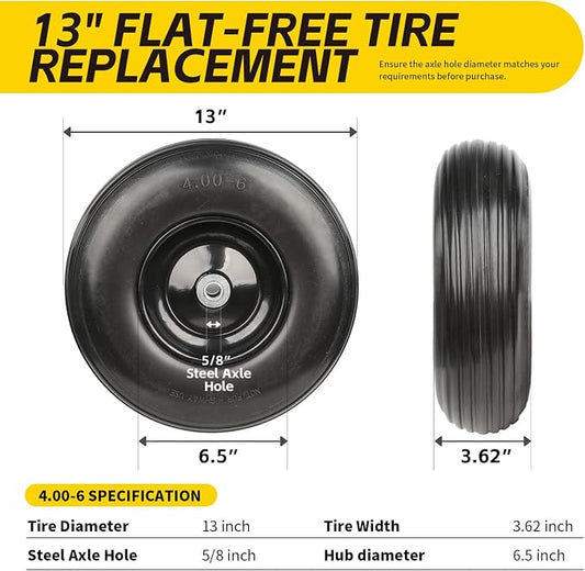 MaxxHaul 13" No Flat Solid Rubber Tire Maintenance Free 4.00-6 Replacement Wheel for Wheelbarrows and Garden Wagons Heavy Duty Steel Rim with 5/8 Inch Ball Bearing Puncture Proof (51079)