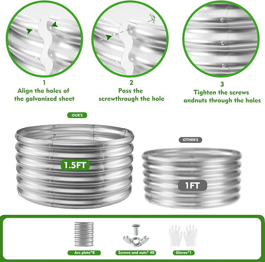 YSEJOMP 17" Tall 32" Diameter Round Raised Garden Bed Kits Outdoor Silver | 1.5 FT Tall,2.7FT Planter Bed for Flowers,Herbs,Vegetables,Trees,0.8MM Thick Galvanized Metal,with Gloves,Tool free