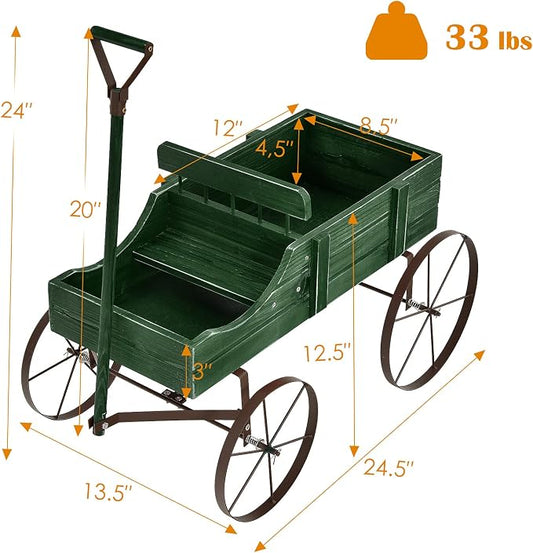 Wooden Wagon Planter, Decorative Flower Pots w/ 2 Planting Sections, Wheels & Handle, Rustic Farmhouse Garden Planter Box for Patio, Yard, Porch (Green)