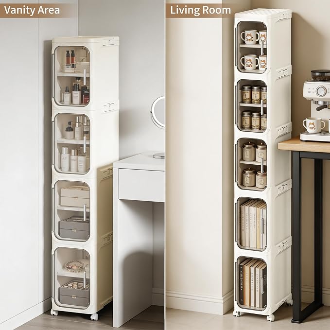 LXLXXL 5-Tier Narrow Storage Cabinet Slim Bathroom Storage Cabinet with Movable Wheels Tall Bathroom Organizer Skinny Cabinet for Small Spaces,Beige