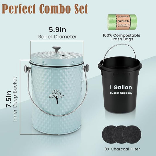 AOSION Countertop Kitchen Odorless Compost Bin with Removable Inner Bucket | 1 Gallon Composter Container,Includes 50 Compost Bags,2 Carbon Filters,Compost Bucket, ideal for food scraps,coffee grounds