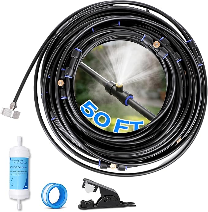 Misters for Outside Patio 50FT/15M, Outdoor Water Misting Cooling System with 15 Brass Nozzles. Backyard Mist Kit for Garden Greenhouse Fan Umbrella Chicken Coop, Dog House