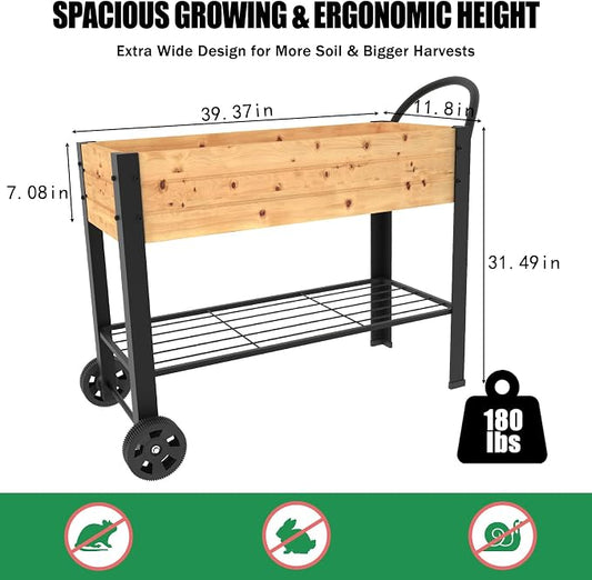 aboxoo Wooden&Metal Large Planter Raised Beds with Legs Outdoor Planter Box on Wheels Elevated Garden Bed for Vegetables Flower Herb Patio (43" L x 12" W x 31.5" H)