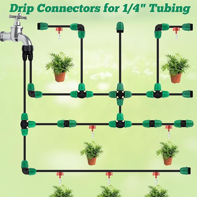 70 Pcs 1/4 Inch Drip Irrigation Fittings Kit,Drip Irrigation Hose Connector for 1/4 Inch Drip Tubing with 25 End Plugs, 15 Tees,10 Straight Couplings,10 Elbows,10 Cross 4-Way Connector