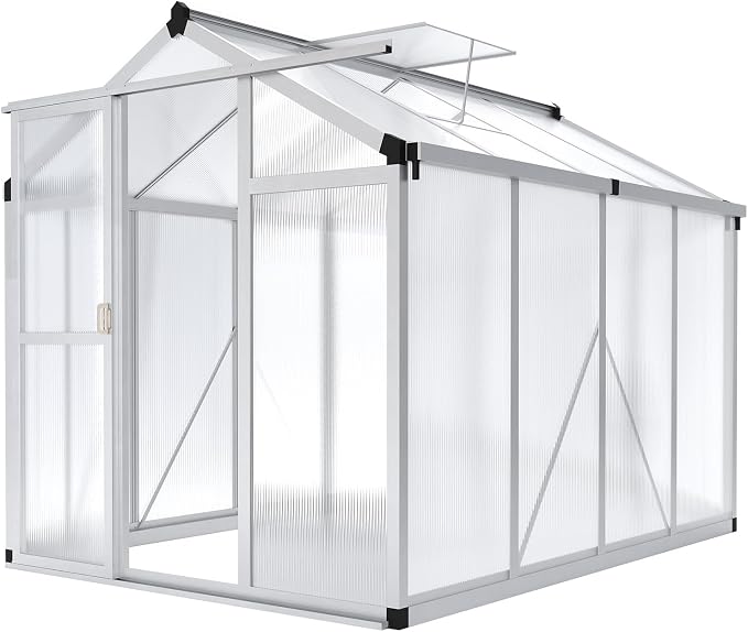 Garvee 6x8 FT Greenhouse - Aluminum Greenhouses for Outdoors, Large Polycarbonate Greenhouse with Roof Vent, Heavy Duty Walk-in Green Houses for Outside Garden, Backyard, Patio, Lawn, Easy Assembly