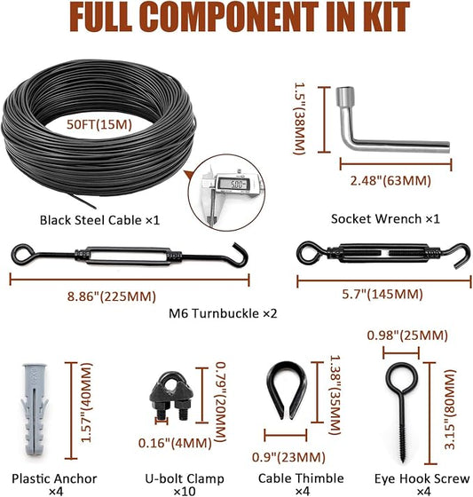 String Light Hanging Kit Outdoor, Full Black Globe String Lights Suspension Kit w/ 50FT PVC Coated Steel Cable & Enough Accessories, Guide Wire for String Lights, Patio Lights, Camping Light