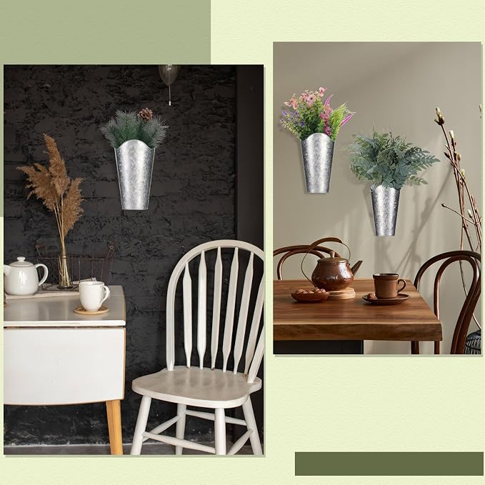 Chunful 3 Pcs Farmhouse Wall Decoration, Includes Self Adhesive Arched Acrylic Mirror and 2 Galvanized Planters, Farmhouse Mirrors with Wooden Frame Metal Tin Vases for Home Bedroom Living Room