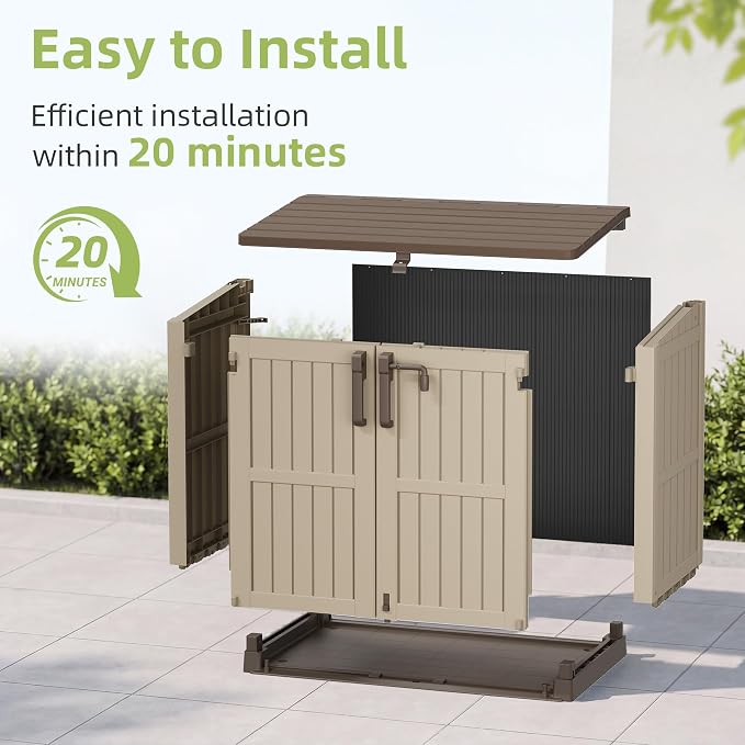 Outdoor Horizontal Resin Storage Box 36 Cu Ft with Lockable Doors, Portable Outdoor Storage Shed -Waterproof Outdoor Storage Cabinet for Garden Brown-Beige