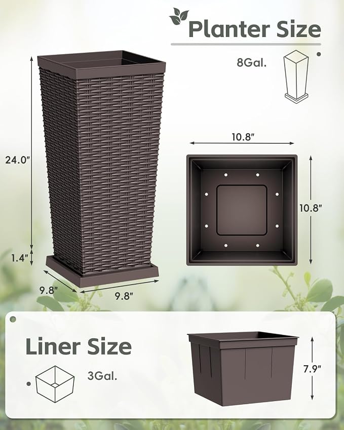 Greesum Set of 2 Tall Plastic Planters with Saucer, 24 Inch Large Pots with Drainage Trays, Weather-Resistant Plastic Plant Containers for Patio, Porch, Garden,Brown