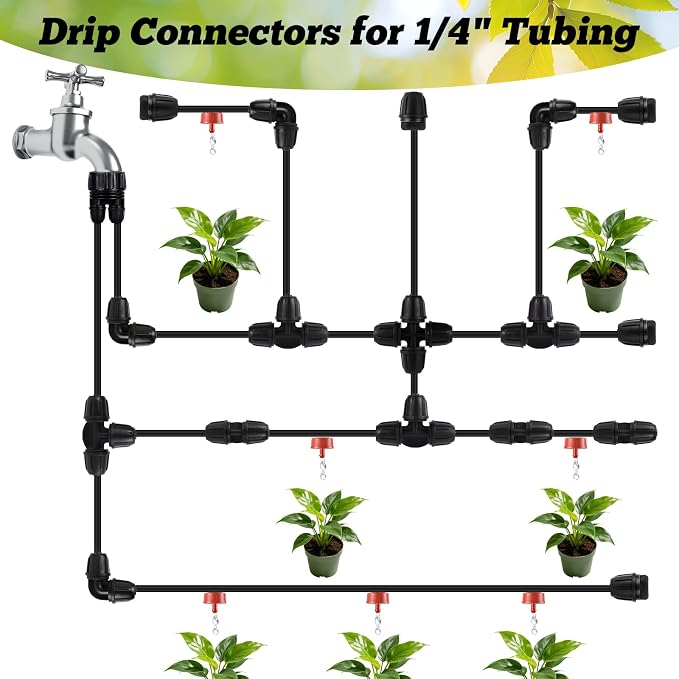 70 Pcs 1/4 Inch Drip Irrigation Fittings Kit,Drip Irrigation Hose Connector for 1/4 Inch Drip Tubing with 25 End Plugs, 15 Tees,10 Straight Couplings,10 Elbows,10 Cross 4-Way Connector