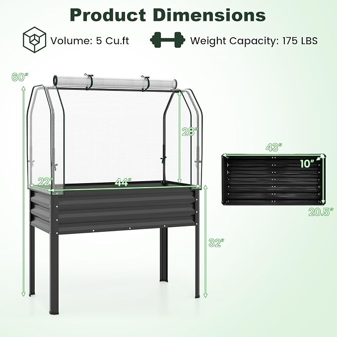 Giantex Raised Garden Bed with Legs & Greenhouse Cover, 44x22x60 Elevated Metal Planter Box with Roll-up Door, Outdoor Mini Greenhouse for Vegetable Flower Herb Patio Balcony (Black,2)