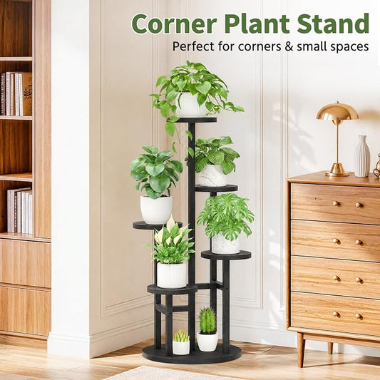 LASZOLA 5 Tiered Wood Plant Stand Indoor Corner, Flower Holder Rack Tall for Multiple Plants, Rustic Planter Shelf Display for Patio Garden Balcony Living Room, Black