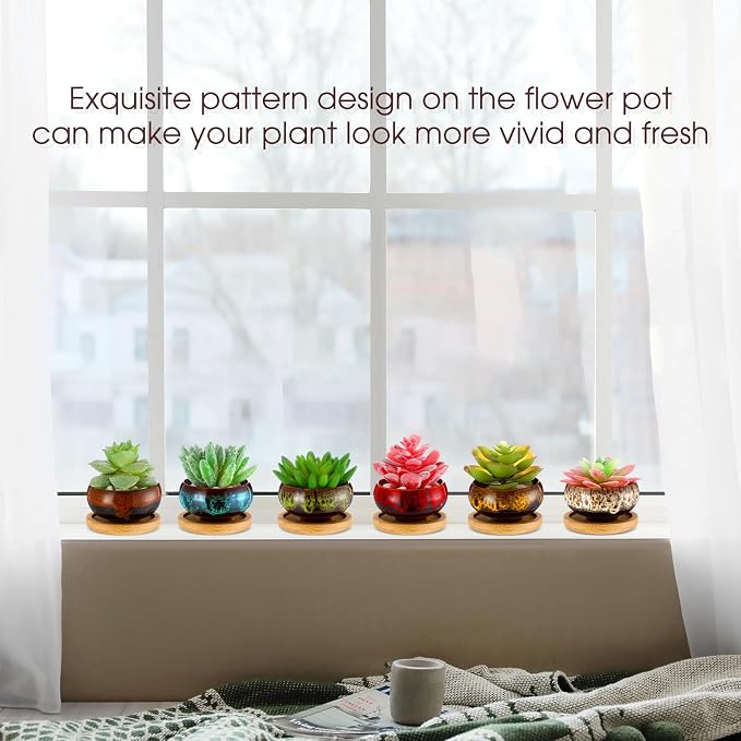 48 Pcs Ceramic Succulent Pots 2.5 Inch Small Plant Pots Indoor with Drainage and Bamboo Saucers Colorful Succulent Flower Planters for Garden Plants Home Decor