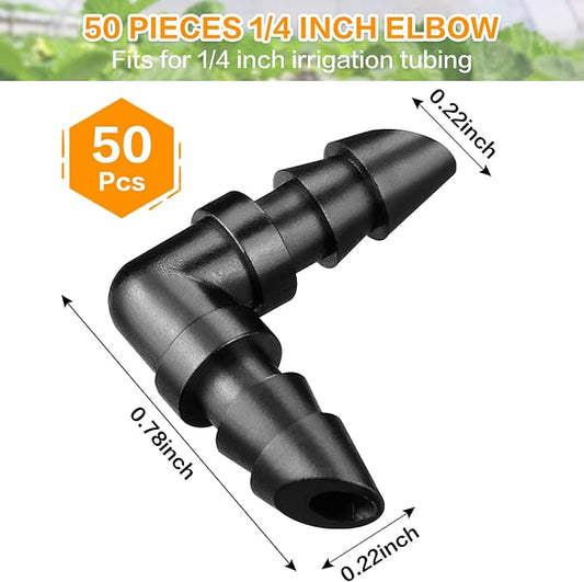 Gardrip Drip Irrigation Elbow Fittings:50 Pieces Barbed Elbow Irrigation Parts with Sharp End Fits for 1/4 Inch Irrigation Tubing Drip Line Elbow Connectors for Garden Lawn Irrigation System