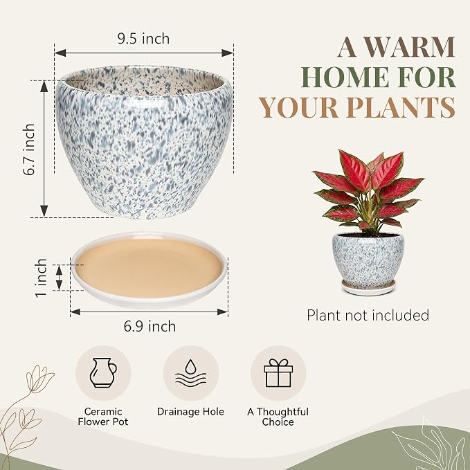9.5 Inch Ceramic Plant Pot with Drainage Hole Mesh Net,Modern Gardening Pots for Indoor Plants with Saucer, Spotted Blue