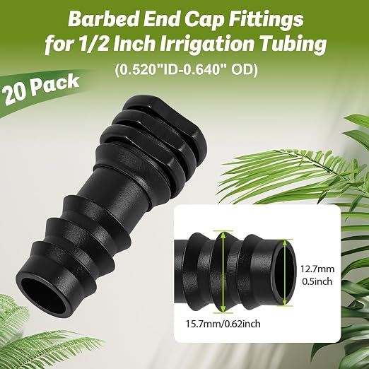 20 Pack 1/2 Inch Drip Irrigation Barbed End Plug Fitting, 1/2'' Dripline End Cap Connectors for 1/2 Inch Irrigation Tubing (0.520"ID-0.650" OD) for Garden Lawn Irrigation System