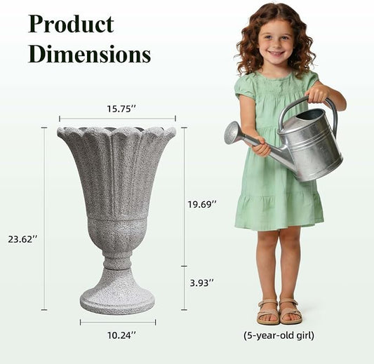 23.6" Tall Plastic Urn Planters for Outdoor Plants with Drainage Holes & Petal Design, Set of 2 Heavy-Duty Classic Indoor Large Flower Pots, Outdoor Planters for Porch/Home/Garden, Gray