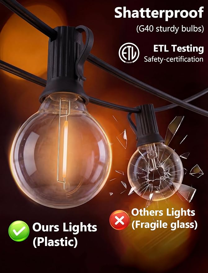 GOOTHY G40 LED Outdoor String Lights, 50Ft Patio String Lights Waterproof with 52 Shatterproof Globe Bulbs, Hanging Outdoor Lights for House Backyard Party Cafe Balcony Porch Christmas Decor, Black