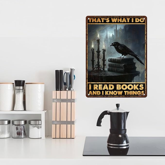 Retro Crows Tin Sign That's What I Do Read Book and I Know Things Vintage Books Metal Poster Funny Lovely Bird Wall Art Office Cafe Outdoor Room Kitchen Bar Man Cave 12 * 16inch