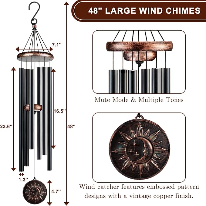 48" Large Wind Chimes for Outside, Deep Tone Sun Moon Star Outdoor | Deep tones, 48-inch size, weather-resistant aluminum, vintage sun moon star design, gift boxed and ready to hang