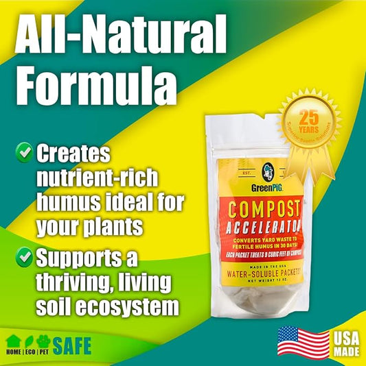 GREEN PIG Compost Accelerator Converts Yard Waste to Fertile Humus in 30 Days and Helps Control Odors Associated with Compost Piles, 1 Bag (12 Dissolvable Packets) | Converts Yard Waste to Fertile Humus in 30 Days, Helps Control Odors Associated with C...