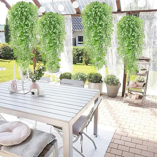 RECUTMS Faux Vines Hanging Flowers Artificial Hanging Plants 4Pcs Fake Hanging Fern Vines Greenery for Summer Spring Indoor Outdoor Garden Wedding Patio Wall Graduation Party Decoration(White)