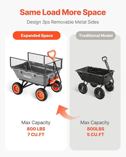 VEVOR 800LBS 7 CU.FT Poly Garden Cart Dump Wagon, Heavy Duty 4 Wheel Wheelbarrow with 10" Flat Free Tires, Yard Cart Dump Wagon with Removable Raised Sides and Quick-Release System