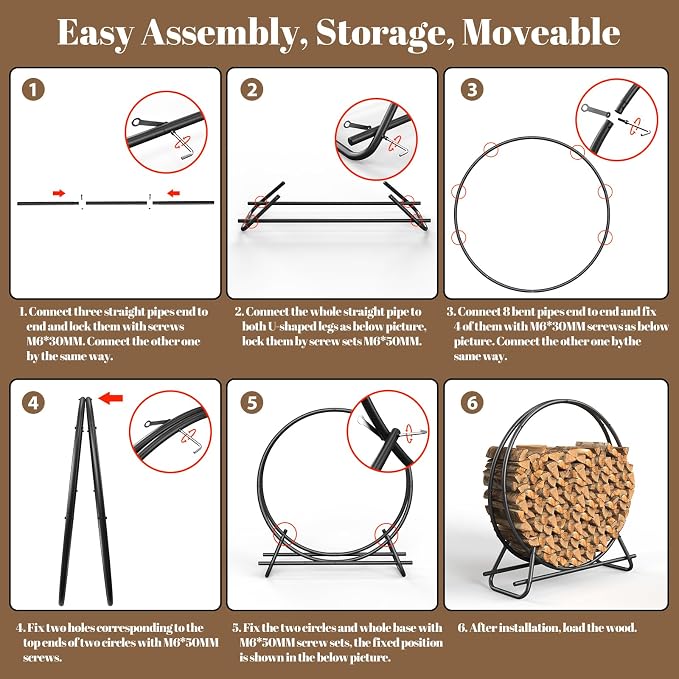 48 IN Firewood Circle Rack-Metal Pipe Ring Firewood Holder Outdoor / Indoor | Sturdy & Durable,Aesthetic Appearance and Space-Saving Design for Fireplace,Campfire or Backyard Storage,4 FT Diameter Circle