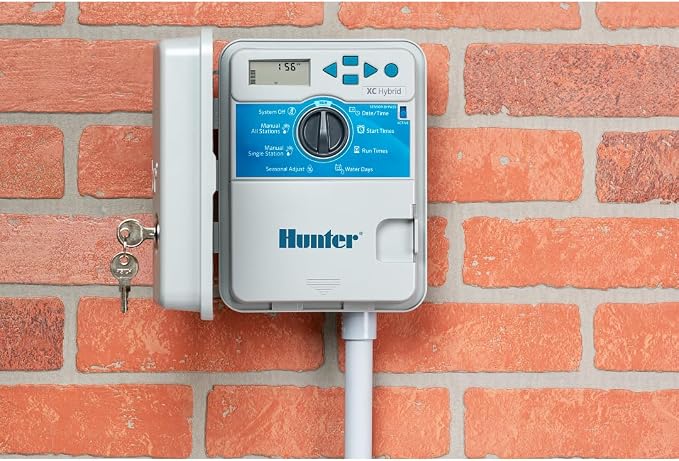 Hunter XC Hybrid Sprinkler Timer, 6-Zone Battery Irrigation Controller | Indoor/outdoor 6-zone battery irrigation controller with manual controls, waterproof cabinet, and no WiFi needed