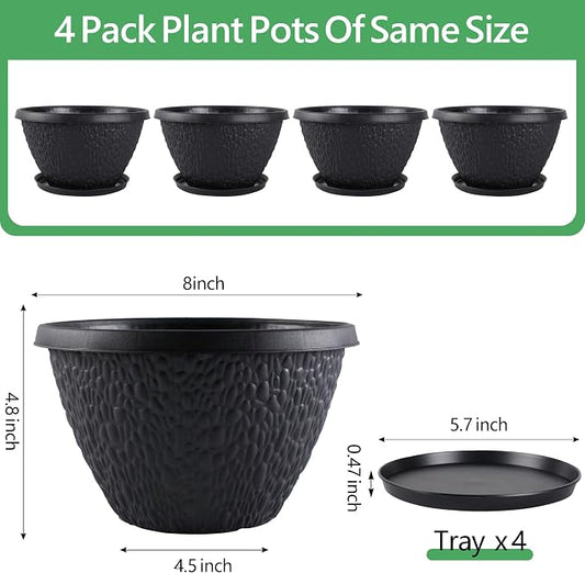 Nooulap 4 Pack 8 inch Plant Pots for Outdoor Indoor, Durable Flower Pots with Drainage, Indoor Outdoor Planters for Herbs Flowers (Black Pebbles Design)