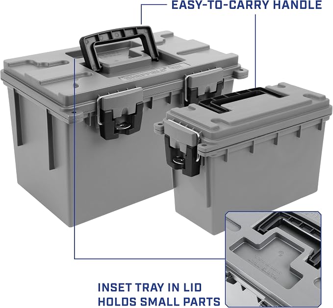 Sheffield Ammo Box Made in USA, Stackable Lockable Ammo Storage Box, Gray | XL & Standard Lockable Storage Box, Water & Dust Resistant Dry Box, Secures Hunting Gear, Gun Accessories, Supplies, Bullets