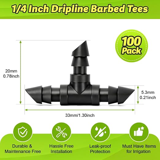100 Pack 1/4" Drip Irrigation Tee Fittings:1/4'' Drip Line Double Barbed Tee Connectors for 1/4 Inch Irrigation Tubing Quarter Inch 3-Way T Connector for Irrigation System