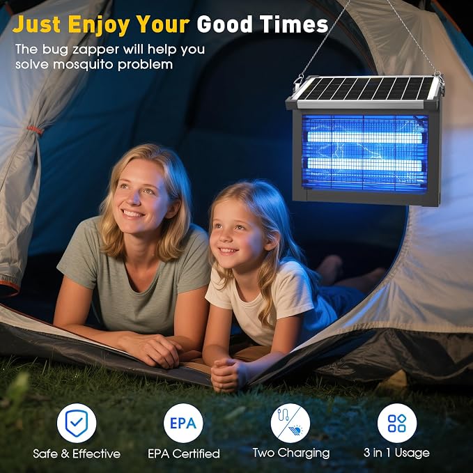 Solar Bug Zapper Outdoor, 4500V Solar Mosquito Zapper Outdoor Waterproof, 1/2 Acre Coverage Rechargeable Electric Fly Zapper, Cordless Portable Mosquito Traps for Backyard, Patio, Camping, Indoor