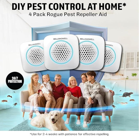 Bell+Howell 4 Pk Ultrasonic Pest Repeller Indoor, Mice Repellent Indoor Home Kit, DIY Pest Control at Home, Plug in Spider Repellent, Rodent Repellent, Bug, Insect & More, Family and Pet Safe