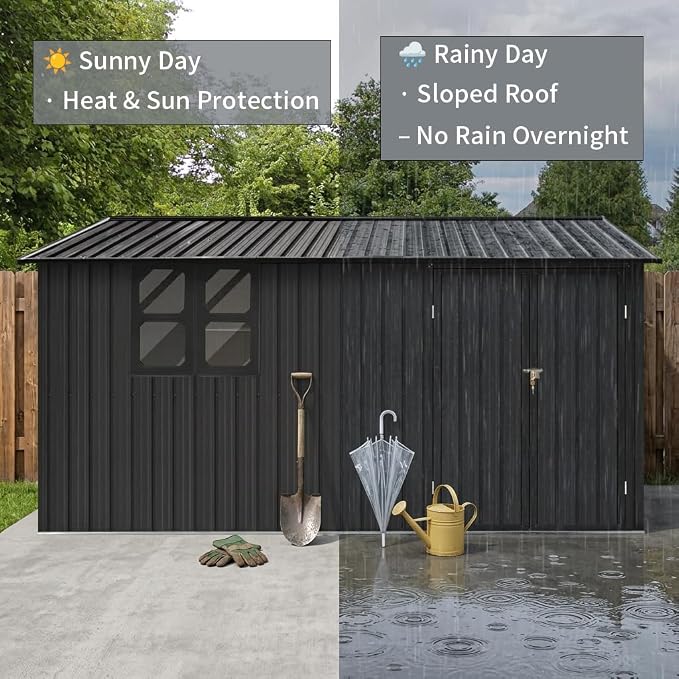 KEIKI 12x10 Ft Metal Outdoor Storage Shed Garden with Window, Foldable Worktable & Shelves, Lockable Door, Waterproof Apex Roof Heavy Duty Tool House for Backyard Garden Lawn, Black