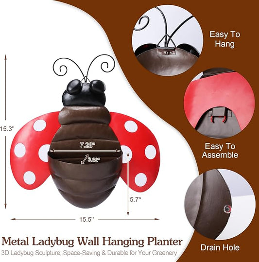 Ladybug Metal Wall Planter, Wall Mount Hanging Succulent Pot with Drainage | Cute farmhouse ladybug wall mount pot with drainage hole, garden decor for yard, indoor & outdoor succulent wall container.