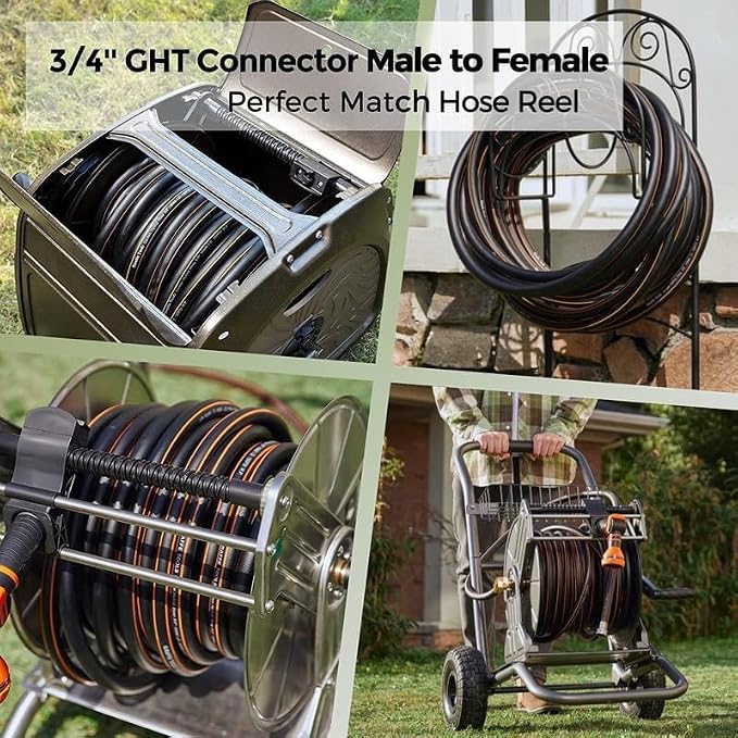 Giraffe Tools Garden Hose 5/8" Custom Length, No Kink, Flexible, Leakproof Water Hose, 600 Burst PSI, 10ft Male Female Fittings,Black Orange