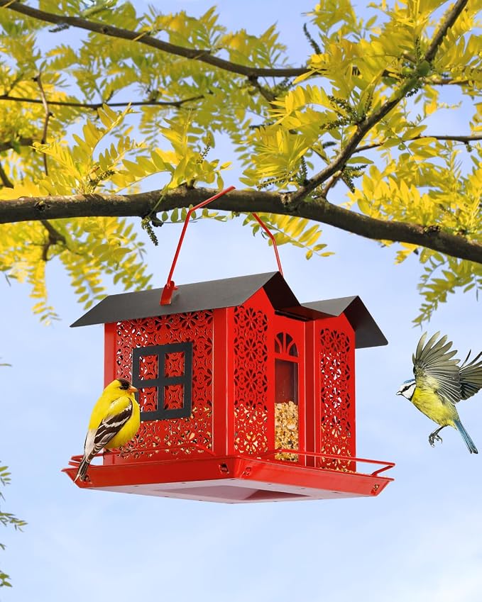 HouseSapp Bird Feeders for Outdoors, Metal Mesh Wild Bird Feeder with Triple Feeders for Finch Cardinal Chickadee, Large Capacity, Weatherproof and Durable, Red