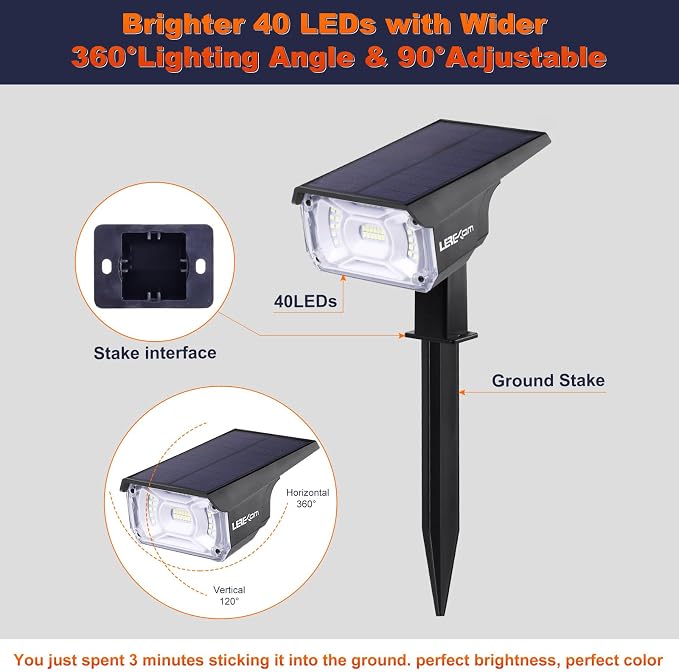 LEREKAM 40 LEDs Spotlights,IP65 Waterproof Solar Powered Landscape Spotlights 2-in-1 Wall Light, Outdoor Landscaping Lights Auto On/Off for Yard Garden 2Pack Warm-White