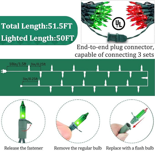 Red and Green Christmas Lights Outdoor, 50FT 200 Count Incandescent Mini Christmas Lights Green Wire, Waterproof Fairy Lights, Connectable Xmas String Lights for Christmas Tree, Garland, Wedding Decor