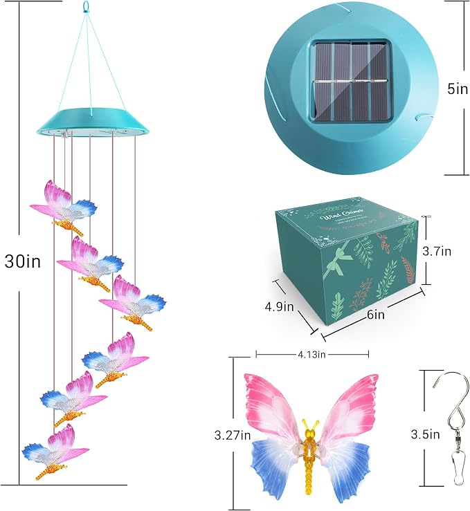 Toodour Solar Wind Chime, Color Changing LED Swaying Butterfly Wind Chimes, Upgrade Butterfly with Fluttering Wings, Waterproof Solar Outdoor Light Decor for Garden Window Patio, Gift for Mom Grandma