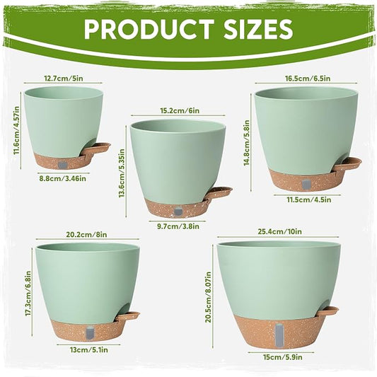 Self-Watering Pots for Indoor Plants with Visible Water Window,5/6/6.5/8/10 Inch Outdoor Flower Pots with Drainage Holes & Reservoir for Patio, Home Decor (Green)