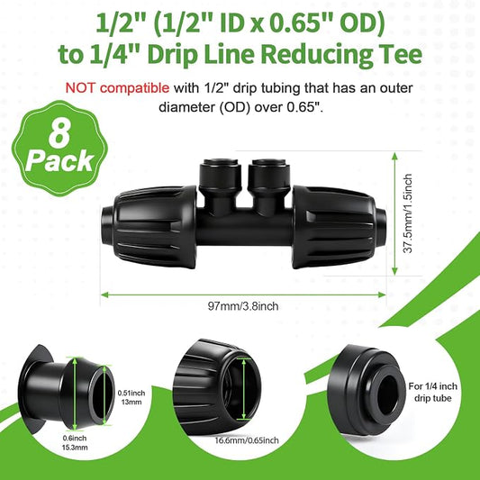 RedChili 8 Pcs Quick Connect 1/2" to 1/4" Drip Irrigation Fittings, Dripline 1/2 Inch (1/2" ID x0.6-0.65" OD) To 1/4 Inch Reducing Tee Adapter Drip Tubing 1/2" to 1/4" Irrigation 4 Way Connectors