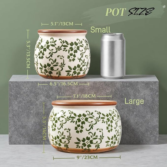Vintage Ceramic Flower Pot - Indoor Outdoor Planters with Drainage Holes & Filter Screen, 9’’ Large Rustic Farmhouse Decorative Plant Pots for Garden/Patio/Balcony (Green Vines, Large)