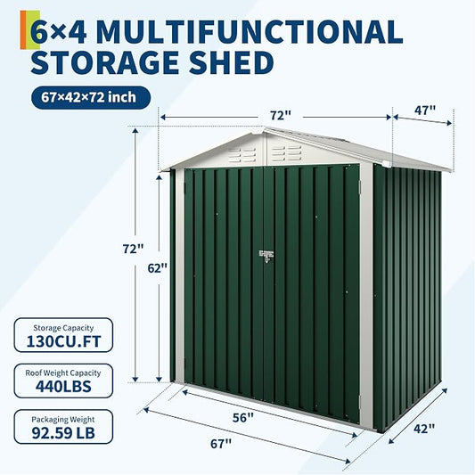 GarveeLife 6x4 FT Outdoor Storage Shed, Garden Tool Storage Shed with Sloping Roof and Double Lockable Door, Outdoor Sheds with Panel Protection for Backyard Garden Patio Lawn