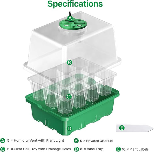 Bonviee 5 Packs Seed Starter Tray with Plant Light, Elevated Seedling Starter Trays Kits with Adjustable Humidity Domes and Clear Cell Tray, 12 Full Spectrum led lamp Beads for Plants Indoor-Green