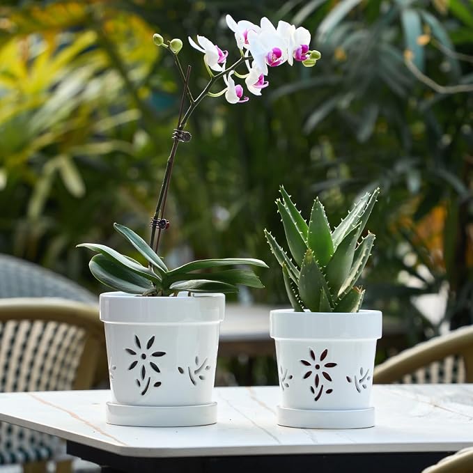 STHIE Small Orchid Pots with Holes 5 Inch & 6 Inch, Ceramic Orchid Pots for Repotting, 2 Pack Breathable Slotted Orchids Planter, White Flower