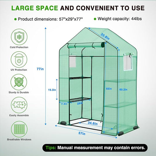 Yesker Greenhouse 57"x29"x77" Walk in Green House - Large Outdoor/Indoor Greenhouses with 4 Shelves Waterproof PE Cover & Windows, Portable Greenhouse Kit for Winter Backyard Gardening Patio, Green