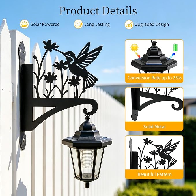 VOOKRY Solar Wall Lanterns Outdoor, Waterproof 2 Pack Hanging Lights with Hummingbird Hooks, Wall Mount Sconce with 3 Solar Panels for Patio Porch Yard Garden Decor, Dusk to Dawn 2700K Warm White