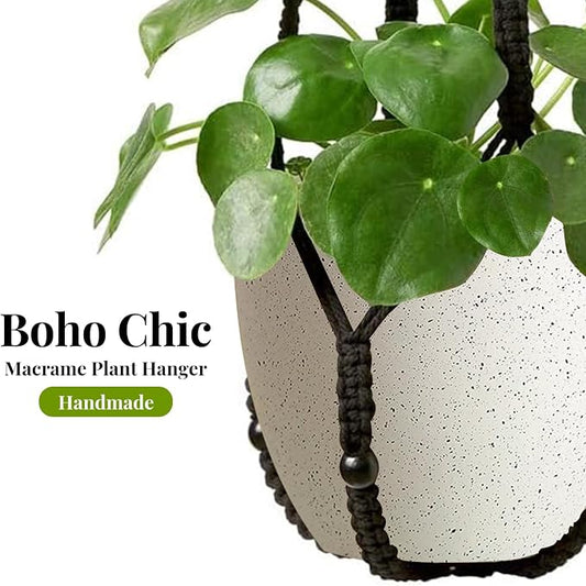 LEWESU Macrame Plant Hanger Indoor Set of 4 with 8 Hooks, Indoor Outdoor Hanging Planter for Plants Holder with Decorative Wood Beads & No Tassels, Boho Home Decor, 35 Inch Black (Pots Not Included)